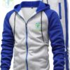 White & Blue Zip-Up Tracksuit with Tatla Impex Logo Customizable Sports Tracksuit for Men & Women Premium Cotton-Polyester Tracksuit with Hoodie & Trousers Stylish White Hoodie with Blue Sleeves and Hood