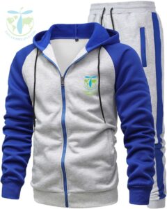 White & Blue Zip-Up Tracksuit with Tatla Impex Logo Customizable Sports Tracksuit for Men & Women Premium Cotton-Polyester Tracksuit with Hoodie & Trousers Stylish White Hoodie with Blue Sleeves and Hood