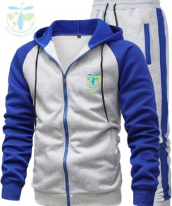 White & Blue Zip-Up Tracksuit with Tatla Impex Logo Customizable Sports Tracksuit for Men & Women Premium Cotton-Polyester Tracksuit with Hoodie & Trousers Stylish White Hoodie with Blue Sleeves and Hood