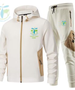 Alt Tags: White & Brown Tracksuit with Zip-Up Hoodie by Tatla Impex Customizable Tracksuit for Men and Women Premium Zip-Up Hoodie & Trousers Set High-Quality Cotton-Polyester Tracksuit for Sports & Casual Wear