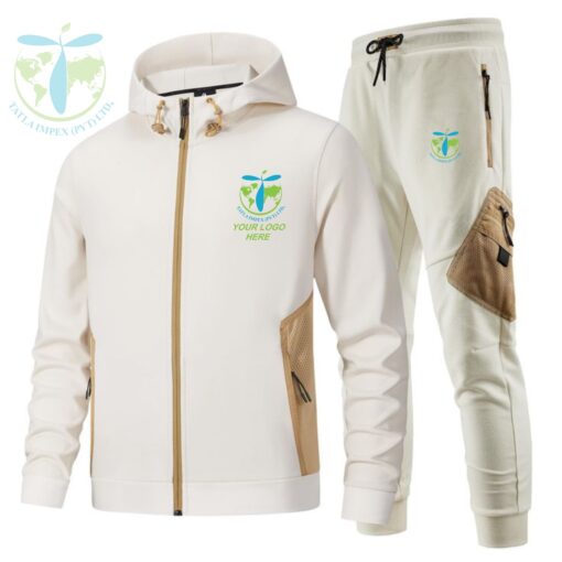 Alt Tags: White & Brown Tracksuit with Zip-Up Hoodie by Tatla Impex Customizable Tracksuit for Men and Women Premium Zip-Up Hoodie & Trousers Set High-Quality Cotton-Polyester Tracksuit for Sports & Casual Wear