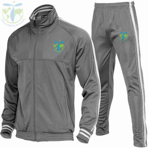 Grey Tracksuit with Zip-Up Shirt by Tatla Impex Stylish Grey Tracksuit with White Ribbon Sleeves Customizable Tracksuit with Pockets for Men & Women Premium Cotton-Polyester Tracksuit for Sports & Casual Wear