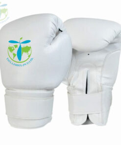 1. White boxing gloves featuring a logo on the side, showcasing a sleek and professional design for athletes. 2. A pair of white boxing gloves adorned with a logo on the side, emphasizing style and functionality in sports gear. 3. White boxing gloves with a prominent logo on the side, designed for performance and aesthetic appeal in boxing.