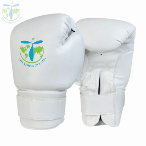 1. White boxing gloves featuring a logo on the side, showcasing a sleek and professional design for athletes. 2. A pair of white boxing gloves adorned with a logo on the side, emphasizing style and functionality in sports gear. 3. White boxing gloves with a prominent logo on the side, designed for performance and aesthetic appeal in boxing.